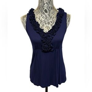 Design History M Navy Blue Ruffle Sleeveless Top Blouse Stretch Knit Career